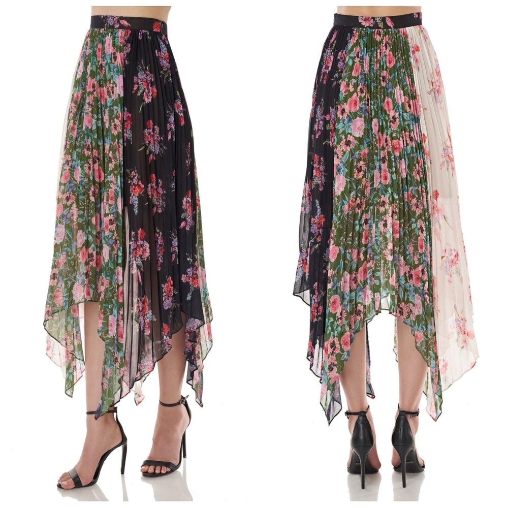 Amur Mica Skirt Tri Color Floral Pleated Hankerchief Hem Midi Skirt 4 - Picture 2 of 10